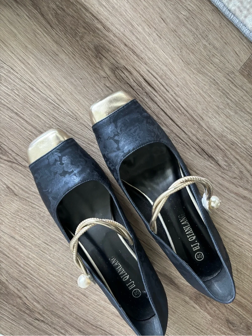 Glaze Black and Gold Square-Toe Low Block Heel Pumps